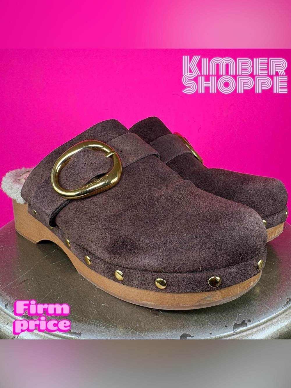Vince Camuto Canzenee Brown Suede Gold Buckle Faux Fur Mule Clog US 7 UK 4.5